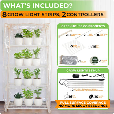 Indoor Greenhouse with Transparent PVC Tent Cover, Dimmable 15W Full-Spectrum LED Light Strips & Power Controllers